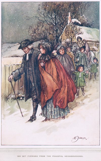 "Elindultunk a békés környékről", illusztráció Oliver Goldsmith "The Vicar of Wakefield" című művéből, 1910 körül. alkotó: Margaret Jameson